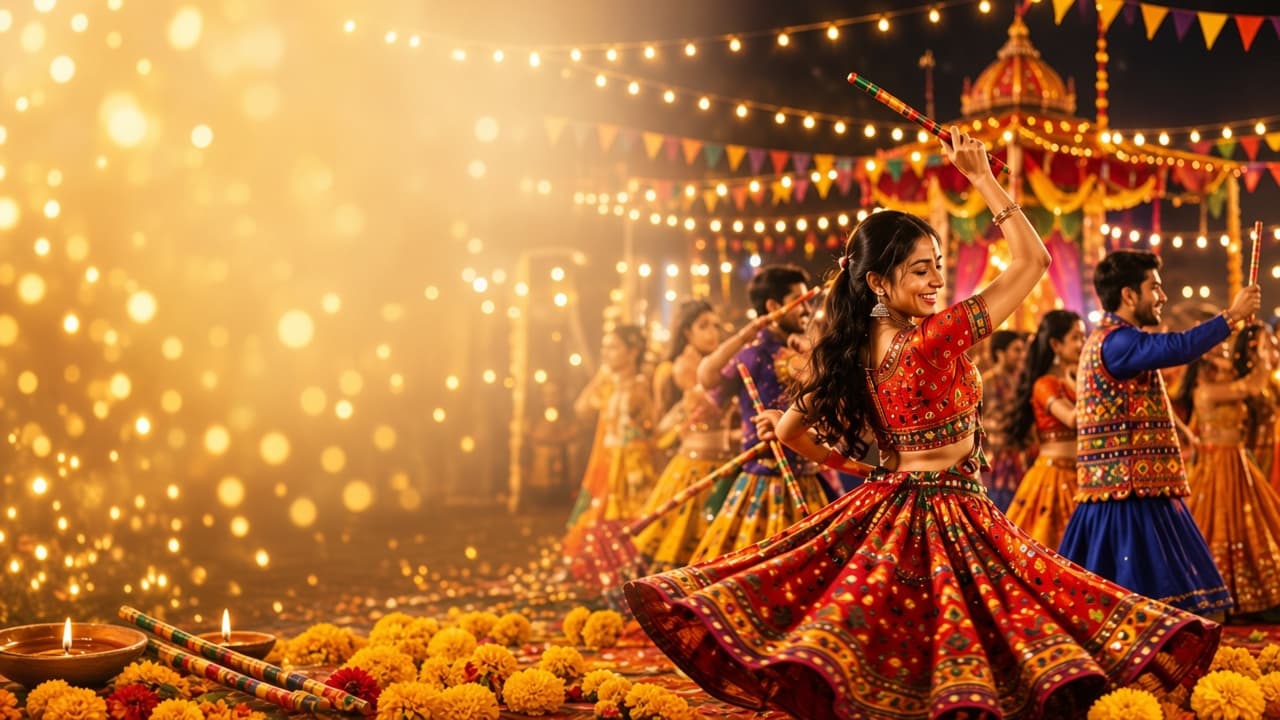 A woman dancing garba under festive lights