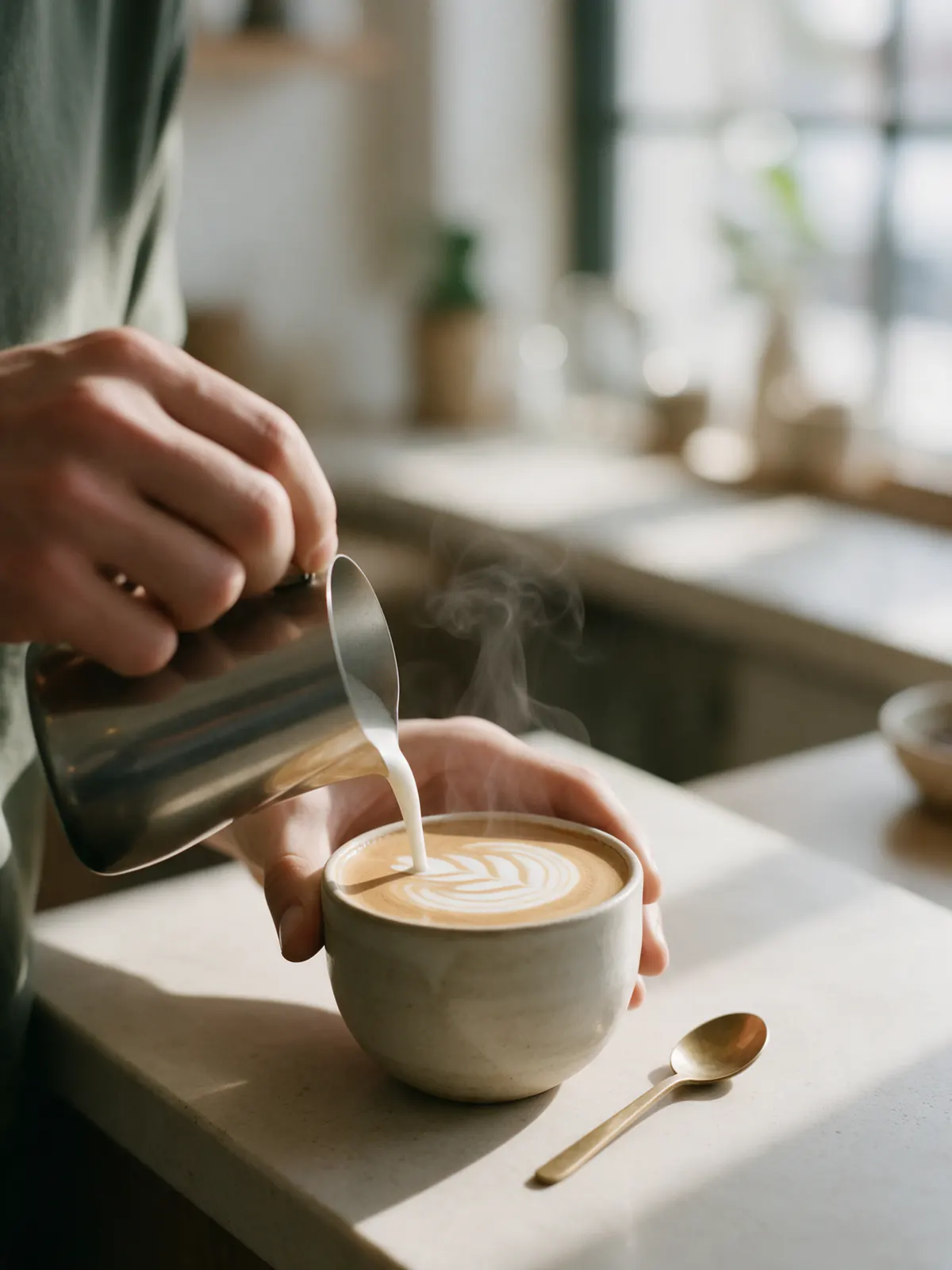 A barista pouring latte art into a handmade ceramic cup