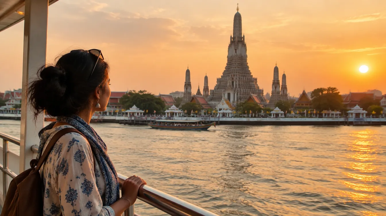 Wat Arun across the Chao Phraya river at sunset, seen from a ferry
