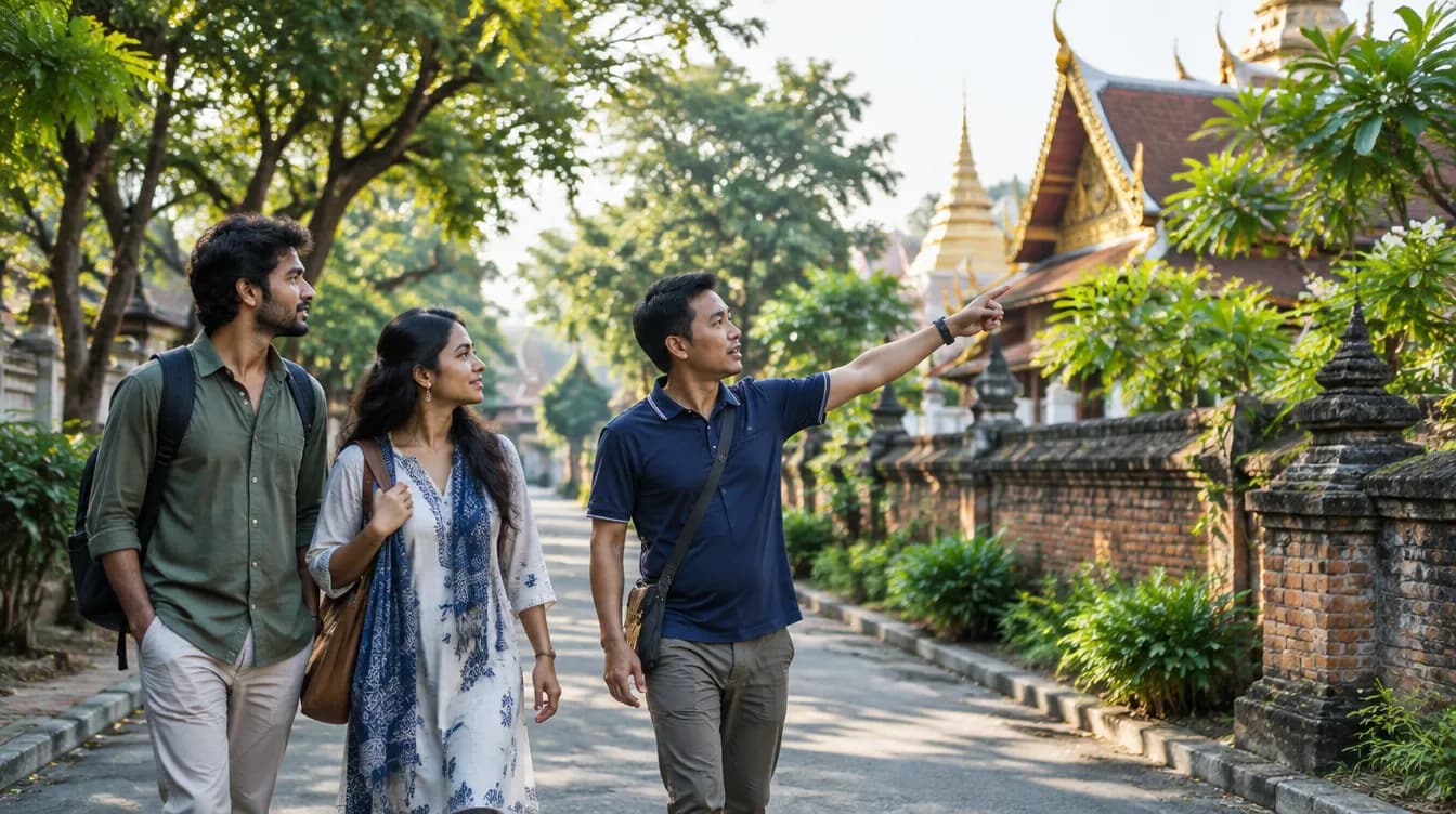 A local guide pointing out a temple to a couple in Chiang Mai old city