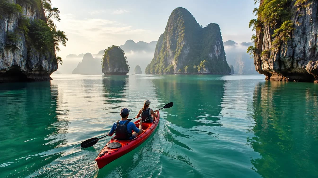 Two travellers kayaking between limestone islands in Phang Nga Bay