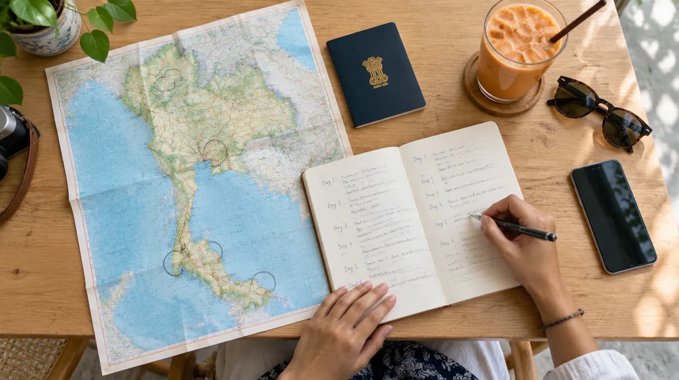 A Thailand map, passport and a handwritten day-by-day plan on a café table