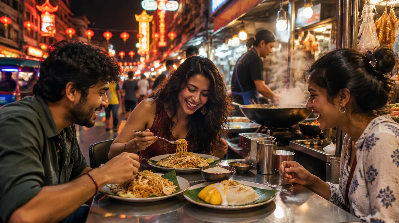Friends sharing pad thai and mango sticky rice at a Bangkok night market