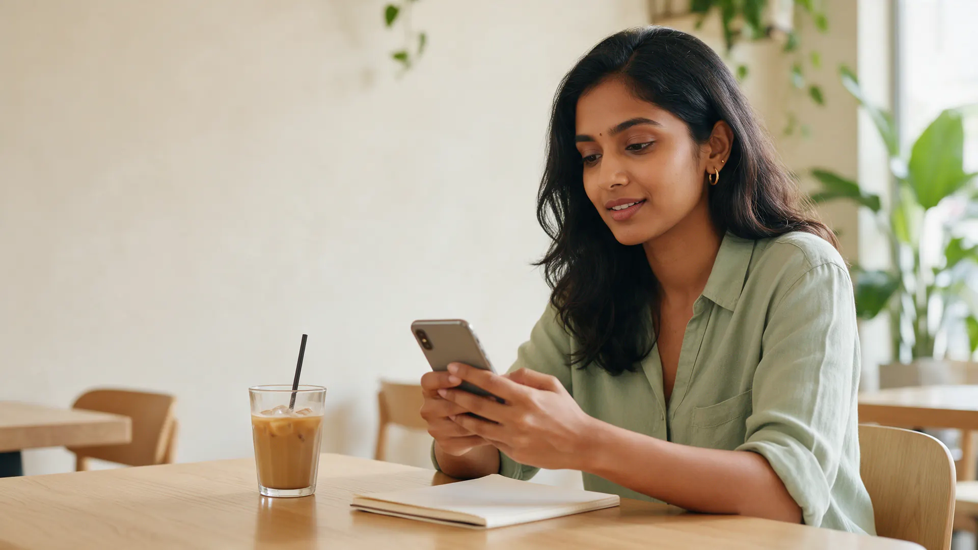 A phone on a café table showing a verified Local Partner profile in the Meezoy app, beside a cup and a notebook