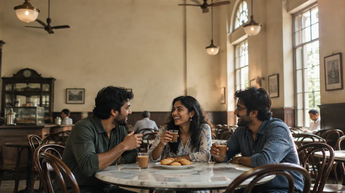 Three friends sharing Irani chai and Osmania biscuits at a marble table in an old Hyderabad café