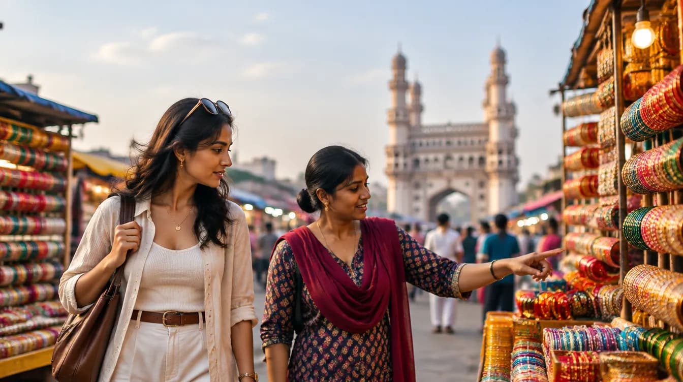 A newcomer and a local walking together through the Laad Bazaar lanes near Charminar, shopfronts on both sides lined with rows of bright lac and glass bangles
