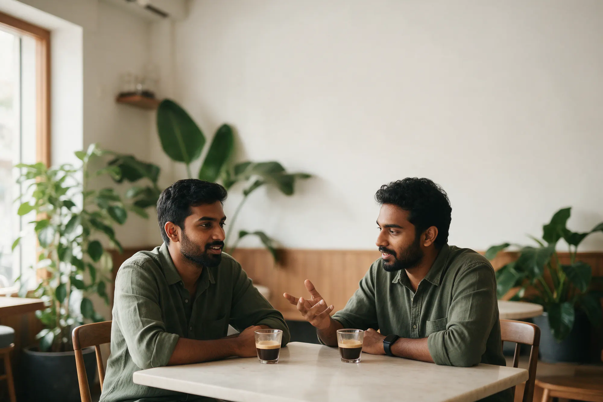 Two friends talking over cortados at a bright specialty coffee shop in Hyderabad
