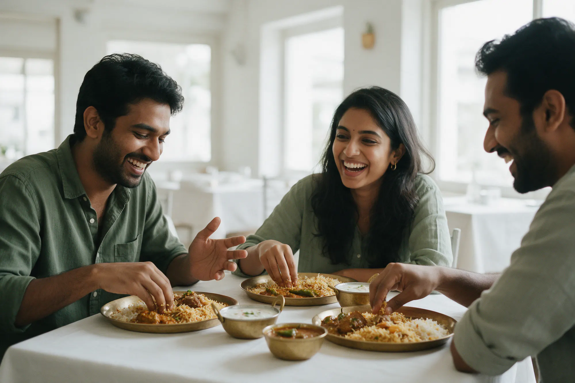 Friends sharing Hyderabadi biryani and mirchi ka salan at a bright restaurant table