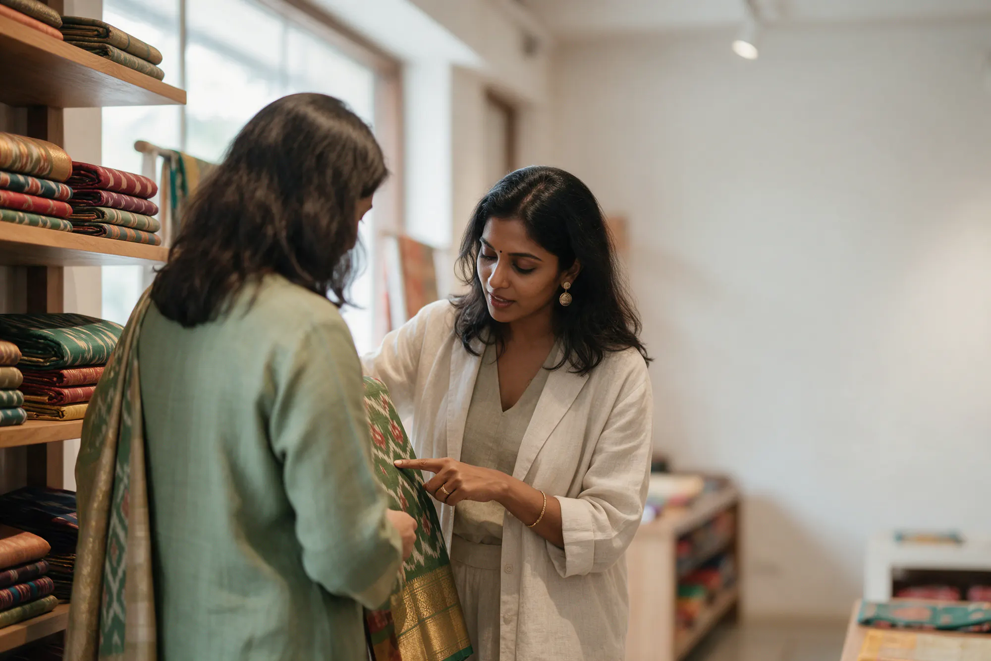 Two women looking at handwoven ikat textiles inside a bright Hyderabad handloom boutique